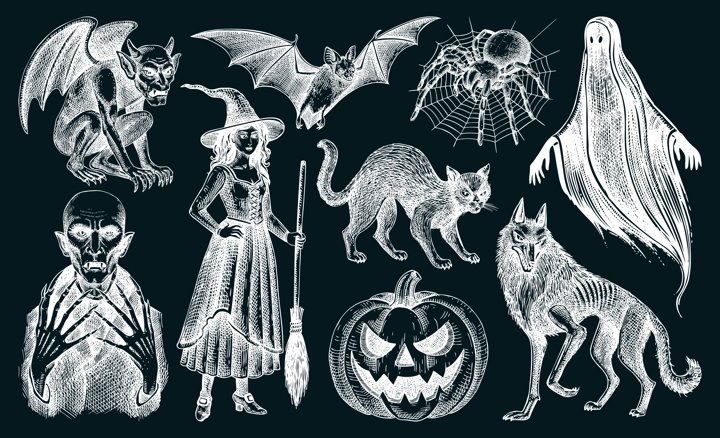 Halloween character sketches set. Gothic monsters hand-drawn vector illustration. Magic animals drawings . NOT AI generated